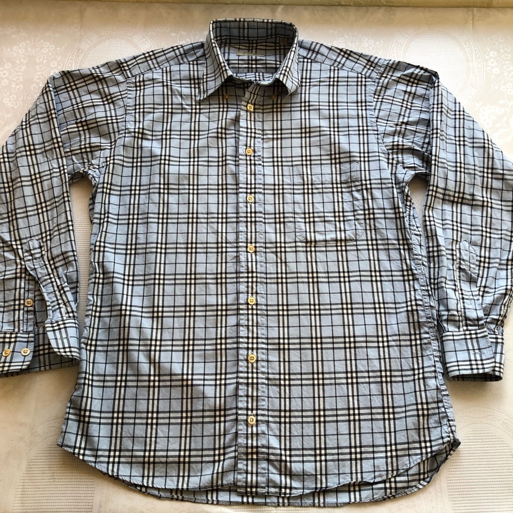 Burberry London Vintage Men's Size M Blue/Black Check Plaid Button Down Shirt